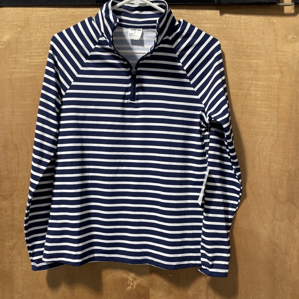 Lands' End Women's Quarter Zip Small Rashguard navy White Stripe Swim Shirt NWT